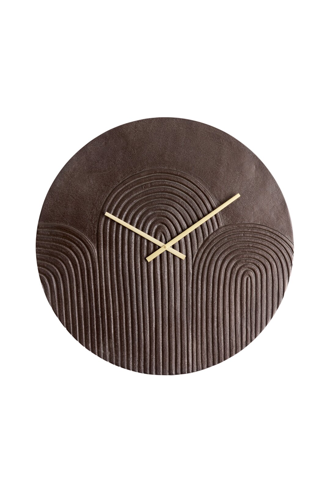 Runde Wanduhr mit strukturiertem, braunem Zifferblatt und goldenen Zeigern, Vorderansicht