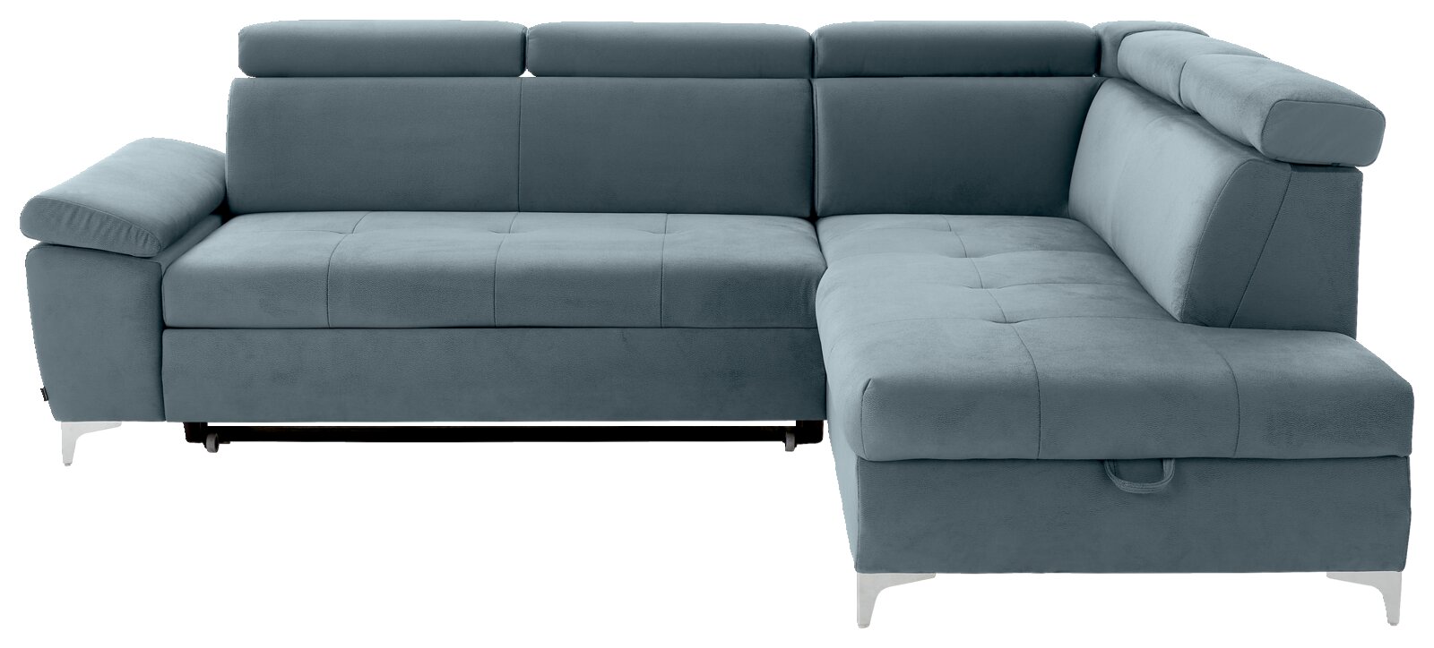 Graues Ecksofa mit verstellbaren Kopfstützen, linke Armlehne und rechte Ottomane, Vorderansicht