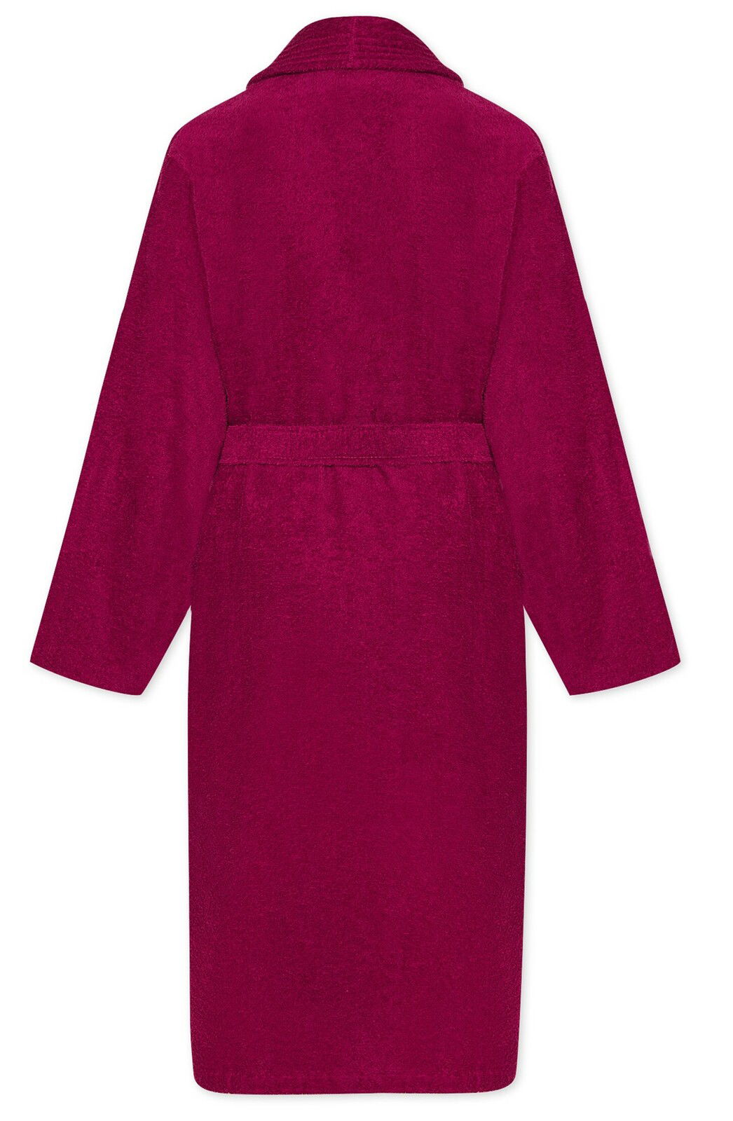Rückansicht eines weinroten Bademantels mit Schalkragen in Größe XS