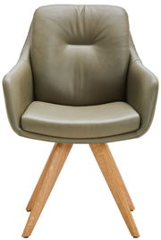 Moderner Armlehnstuhl mit olivgrünem Lederbezug und Holzbeinen, Frontalansicht