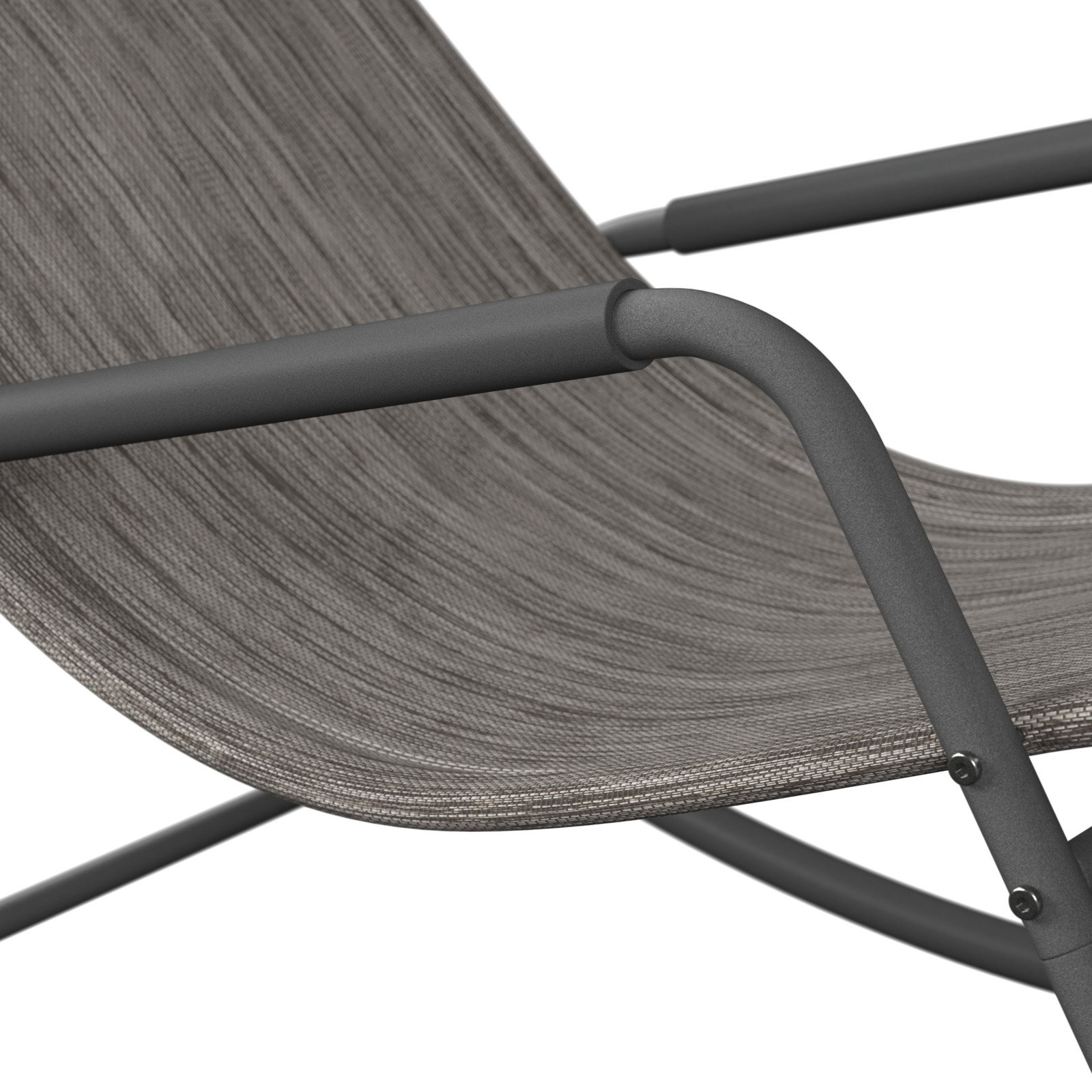 Nahaufnahme einer Schaukelliege mit grauem Stoffbezug und Metallrahmen, seitliche Perspektive