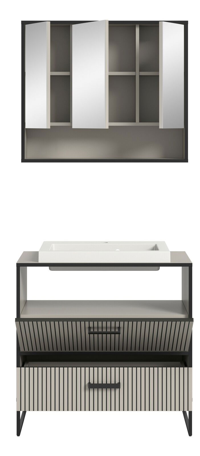 Moderne Badkombination mit Spiegelschrank und Waschbeckenunterschrank, Frontalansicht