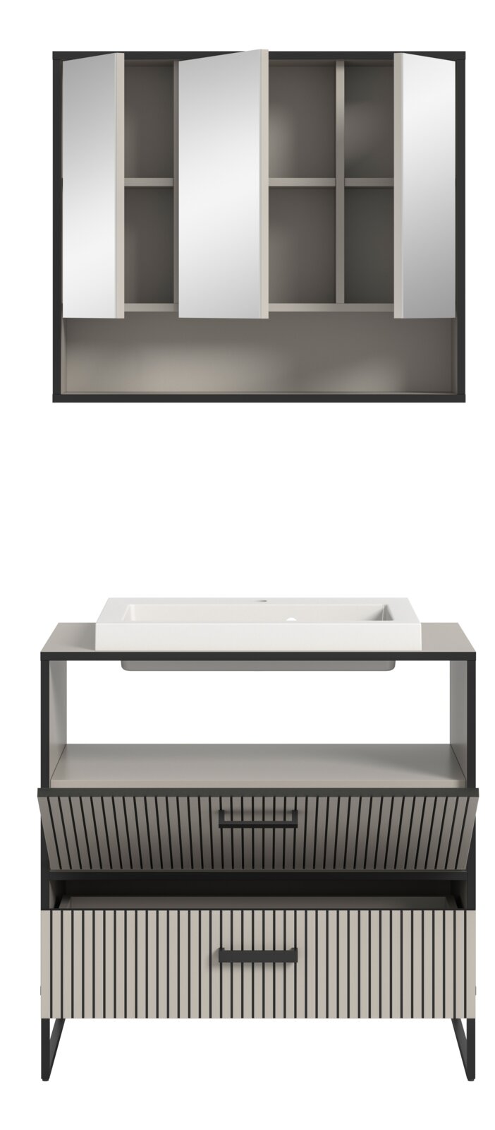 Moderne Badkombination mit Spiegelschrank und Waschbeckenunterschrank, Frontalansicht