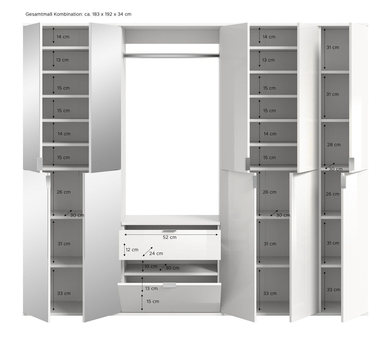 Garderobenkombination in Weiß mit mehreren Schränken und Schubladen, frontal betrachtet.