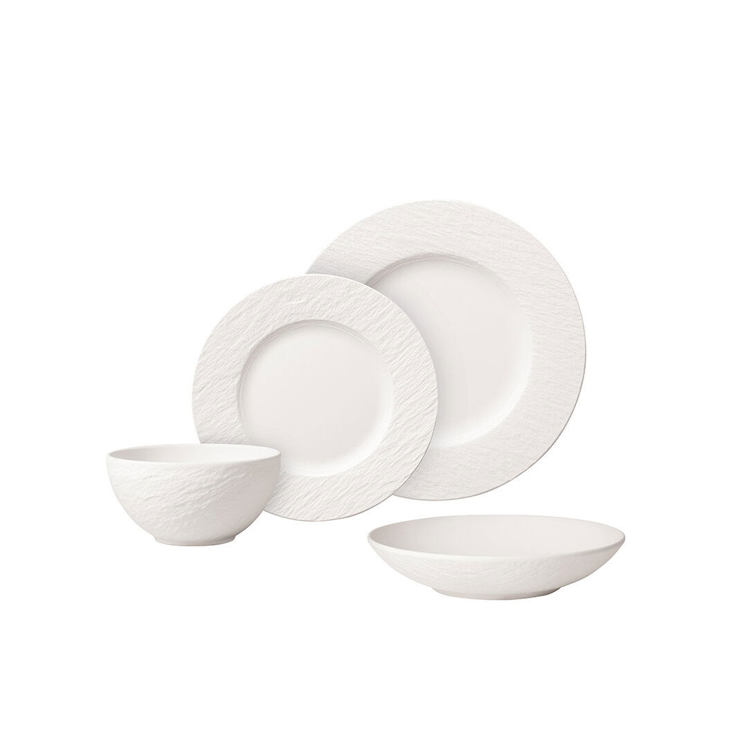 Villeroy & Boch Tafelservice 16-tlg. MANUFACTURE ROCK BLANC Weißes Tafelservice 16-teilig, bestehend aus Schüsseln und Tellern mit strukturierter Oberfläche, seitliche Perspektive