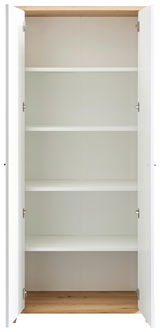 Offener Aktenschrank mit zwei Türen und mehreren Regalböden, frontal betrachtet.