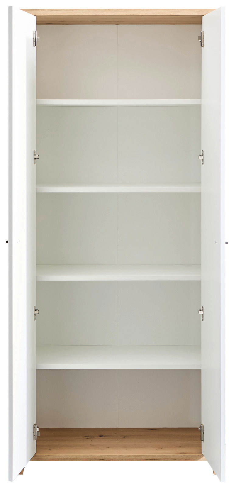 Offener Aktenschrank mit zwei Türen und mehreren Regalböden, frontal betrachtet.