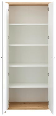 Offener Aktenschrank mit zwei Türen und mehreren Regalböden, frontal betrachtet.