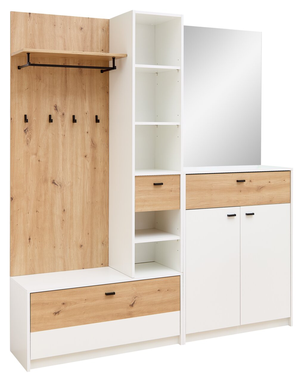 Kompaktgarderobe in Holzoptik mit weißem Rahmen, bestehend aus mehreren Regalen, Schubladen und einem großen Spiegel, frontal abgebildet.