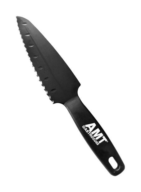 AMT Universal Tortenmesser Schwarzes Universal Tortenmesser mit gezackter Klinge und ergonomischem Griff, seitliche Perspektive