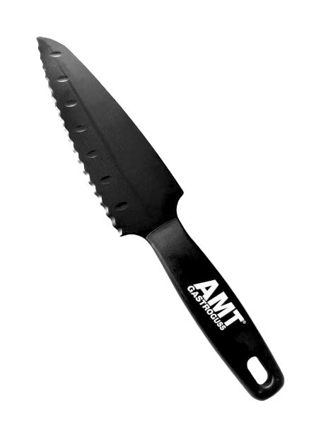 Schwarzes Universal Tortenmesser mit gezackter Klinge und ergonomischem Griff, seitliche Perspektive