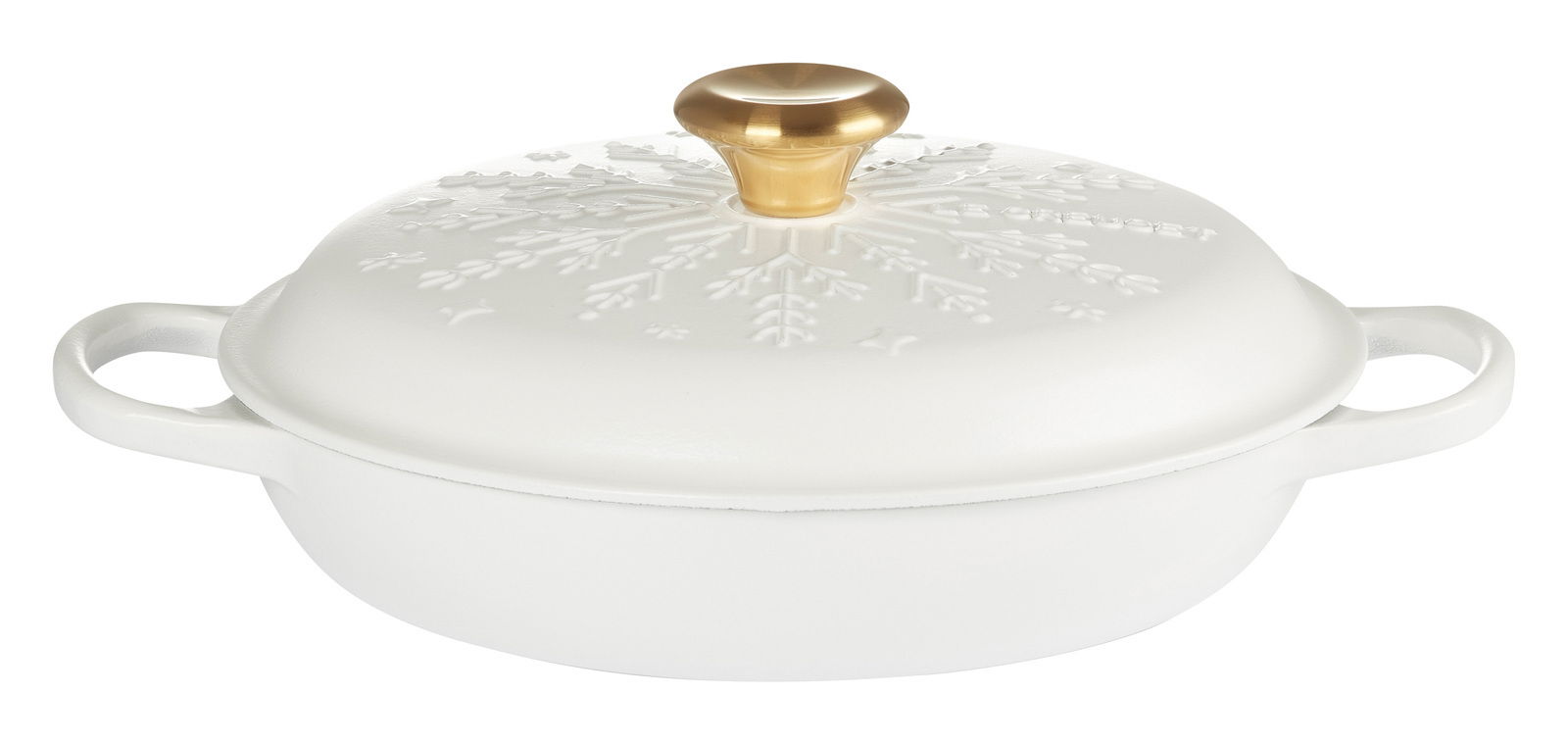 Weißer Gourmet Profitopf mit Schneeflocken-Design und goldfarbenem Knauf, seitliche Perspektive