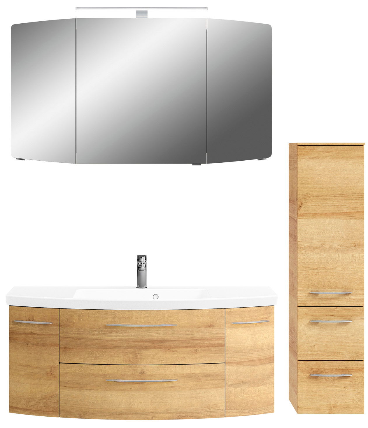 Moderne Badkombination aus Holz mit Spiegelschrank, Waschbeckenunterschrank und hohem Schrank, Frontalansicht