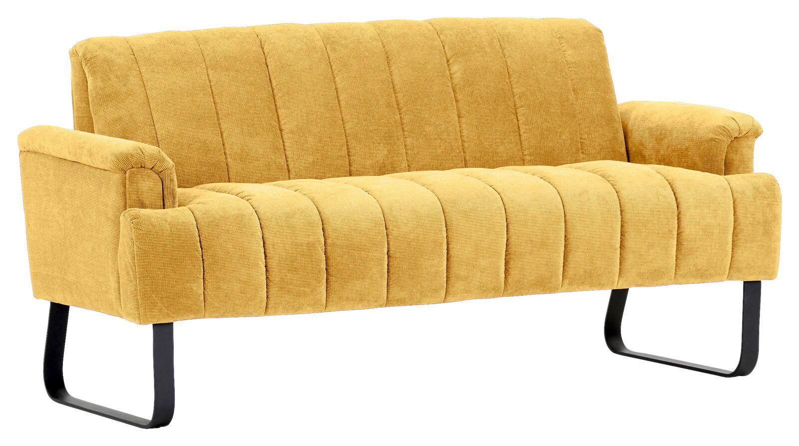 Gelbes 2,5er-Sofa mit vertikaler Steppung und schwarzen Metallbeinen, seitliche Perspektive