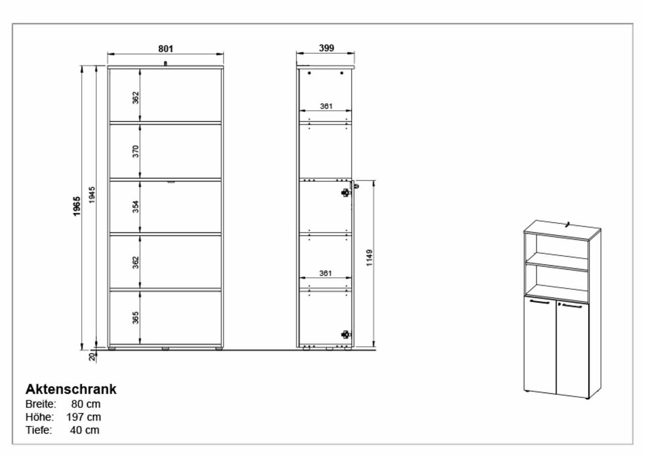 Aktenschrank mit den Maßen Breite: 80 cm, Höhe: 197 cm, Tiefe: 40 cm, in Frontal- und Seitenansicht dargestellt.