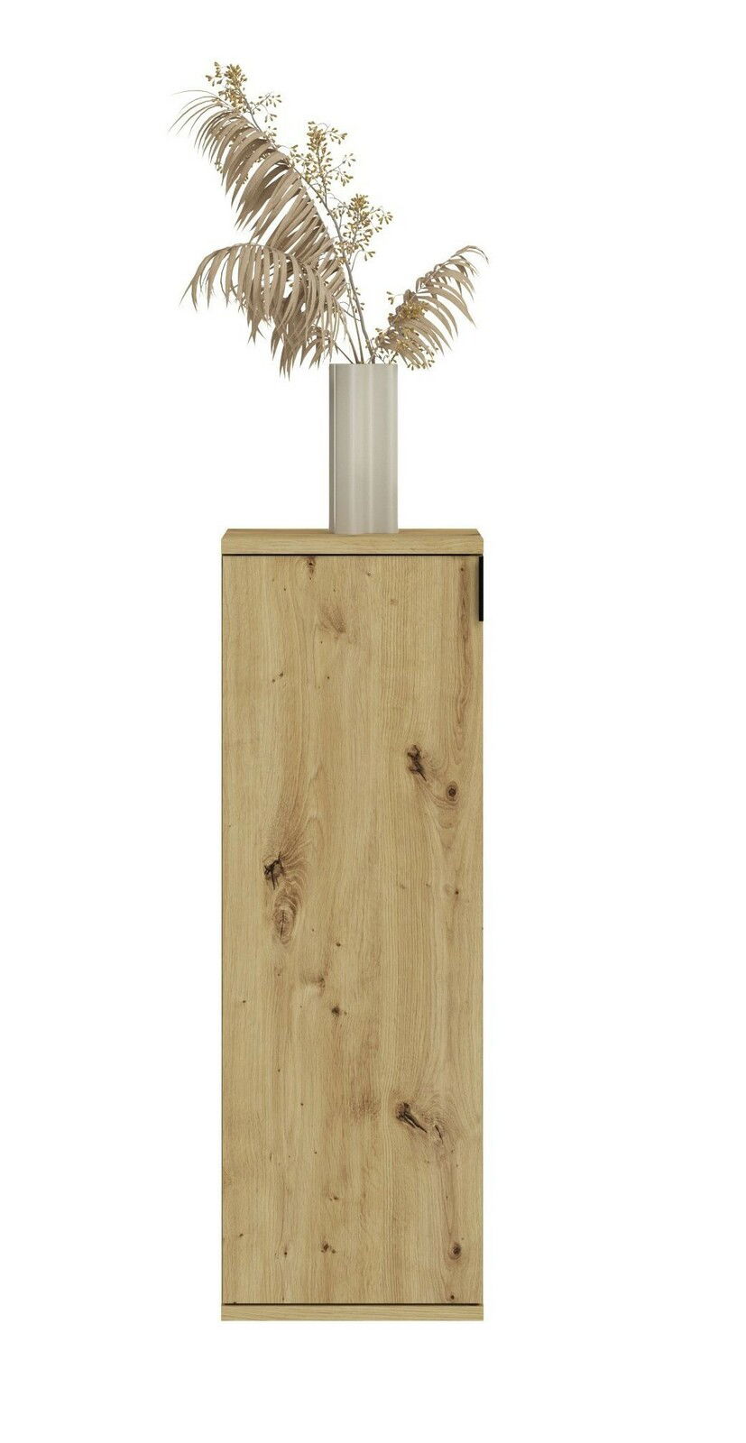 Frontale Ansicht eines schmalen, hohen Schranks in Holzoptik mit einer Vase und getrockneten Pflanzen darauf.