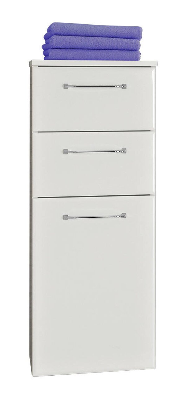 Weißes Highboard mit drei Schubladen und lila Handtüchern oben, Frontalansicht