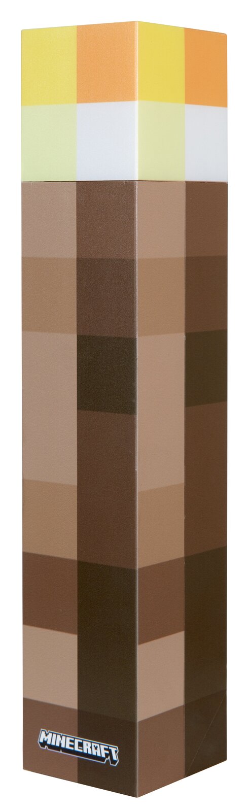 Minecraft-inspirierte, quaderförmige Verpackung mit braunem Blockmuster und gelb-oranger Oberseite, schräg von vorn (3/4-Ansicht) fotografiert