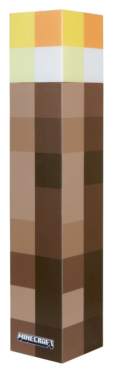 Minecraft-inspirierte, quaderförmige Verpackung mit braunem Blockmuster und gelb-oranger Oberseite, schräg von vorn (3/4-Ansicht) fotografiert