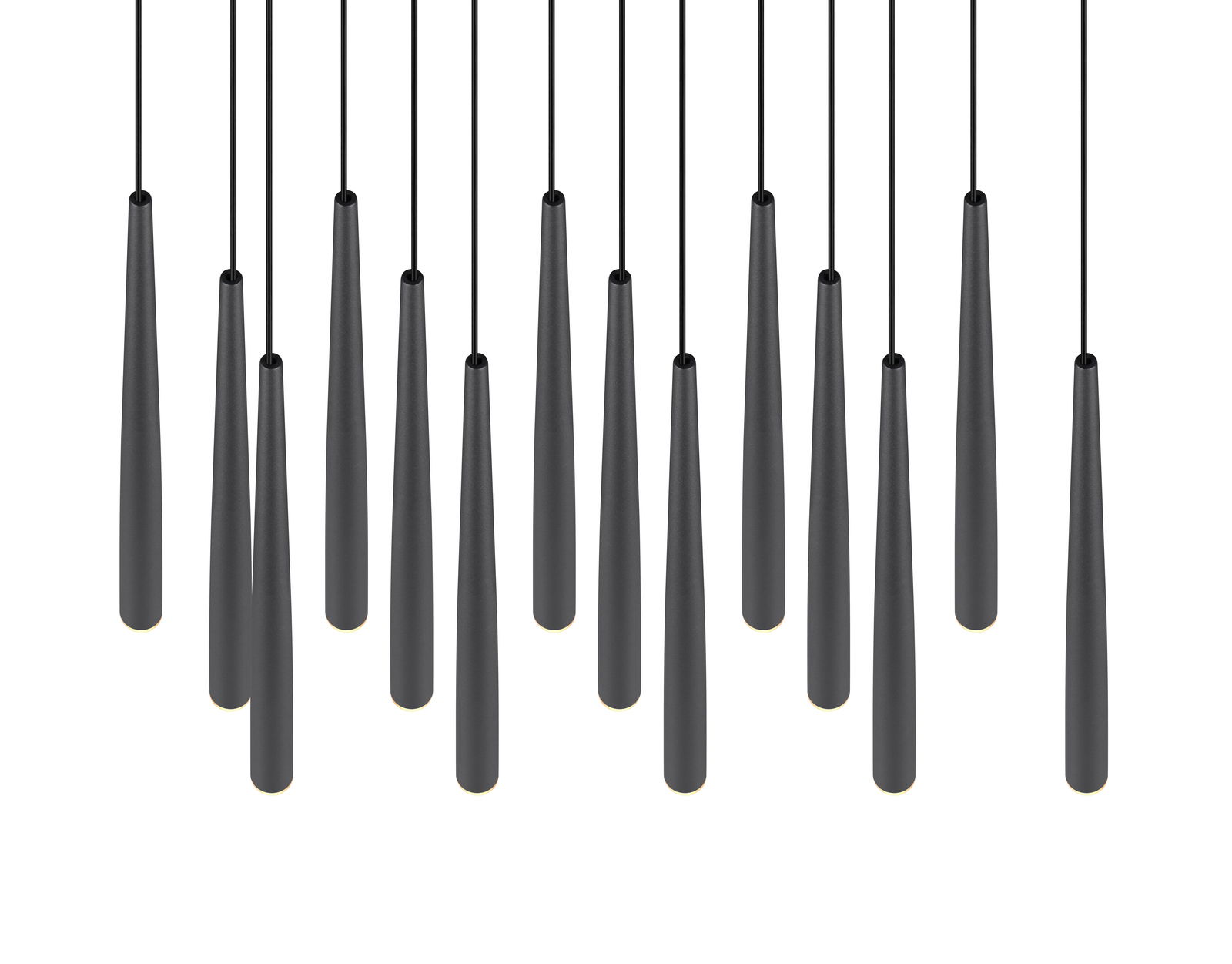 Mehrere moderne, schwarze Pendelleuchten in einer Reihe von unten betrachtet.