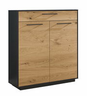 Schuhkommode aus Holz mit zwei Türen und einer Schublade, frontal betrachtet.