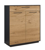 Schuhkommode aus Holz mit zwei Türen und einer Schublade, frontal betrachtet.