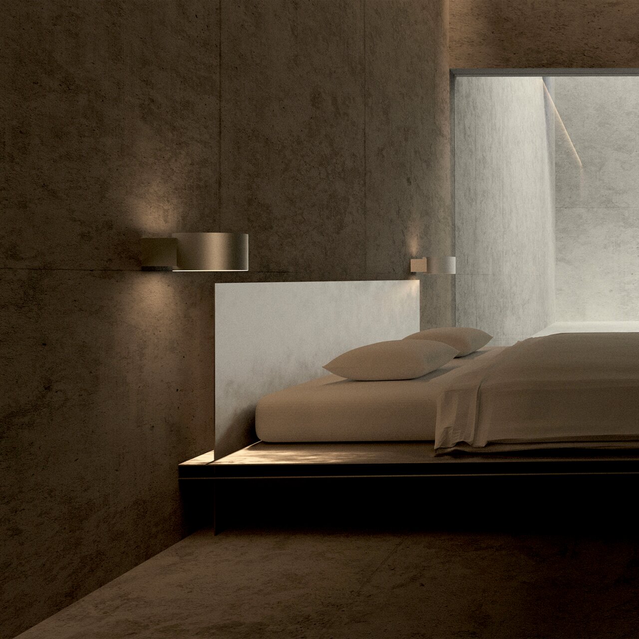 Moderne Wandleuchte PURE Clipse in einem minimalistischen Schlafzimmer, seitliche Perspektive.