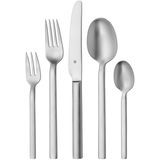 Set aus fünf Besteckteilen in matt gebürstetem Edelstahl, bestehend aus Messer, Gabel, Löffel, Kuchengabel und Teelöffel, frontal abgebildet.