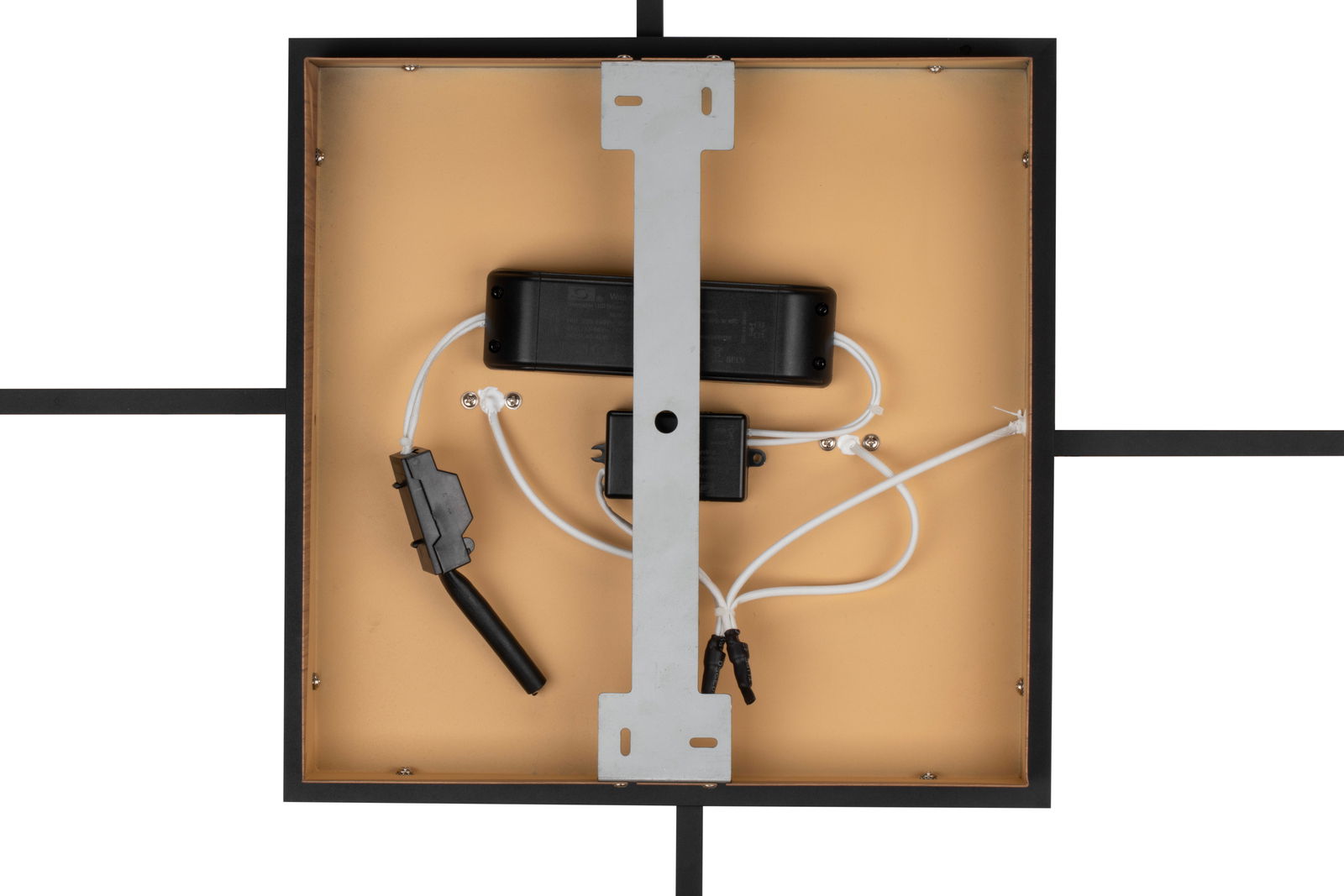 Rückansicht der Novel LED-Deckenleuchte mit sichtbarer Verkabelung und Montagehalterung.