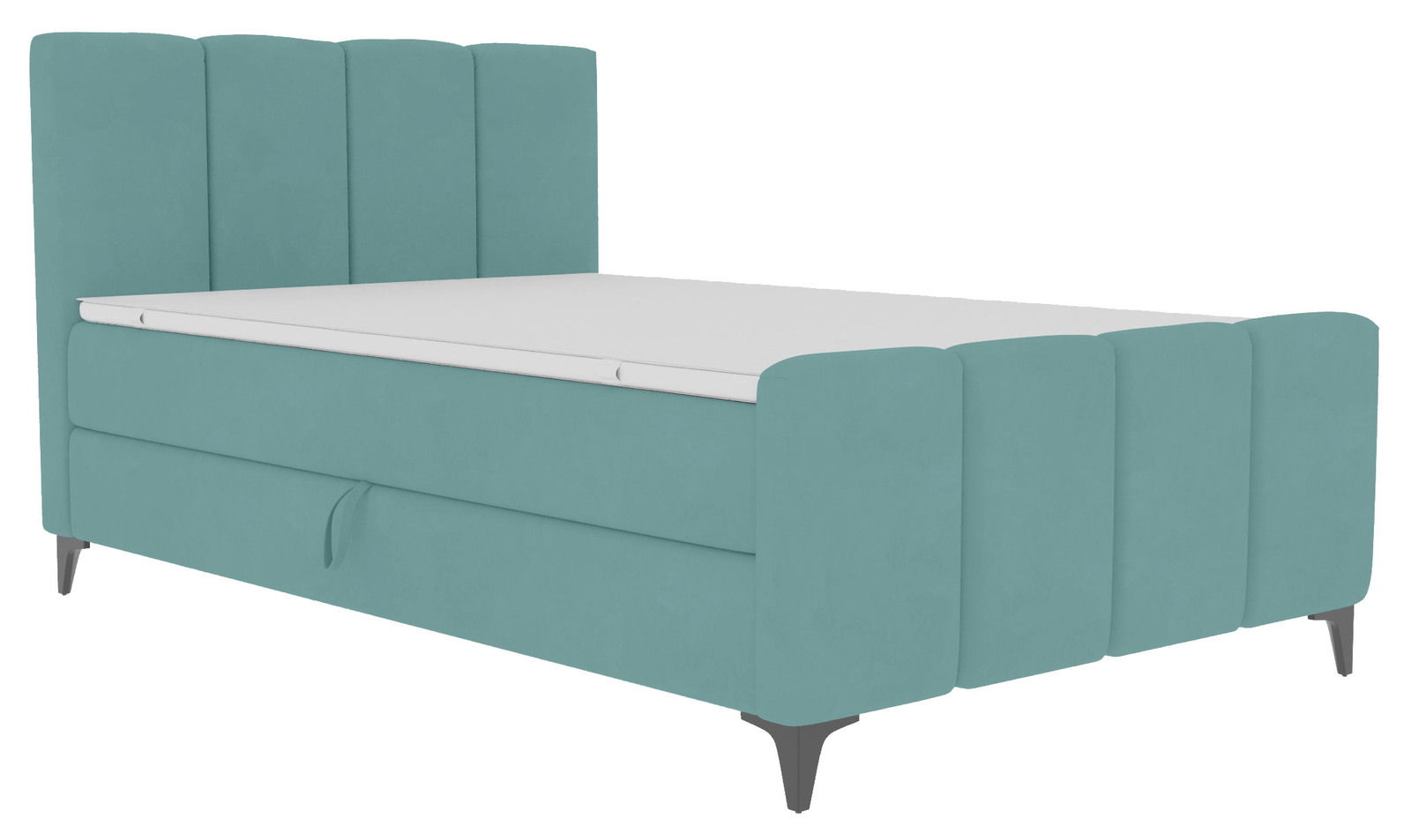Boxbett in türkis mit hohem Kopfteil, seitliche Perspektive