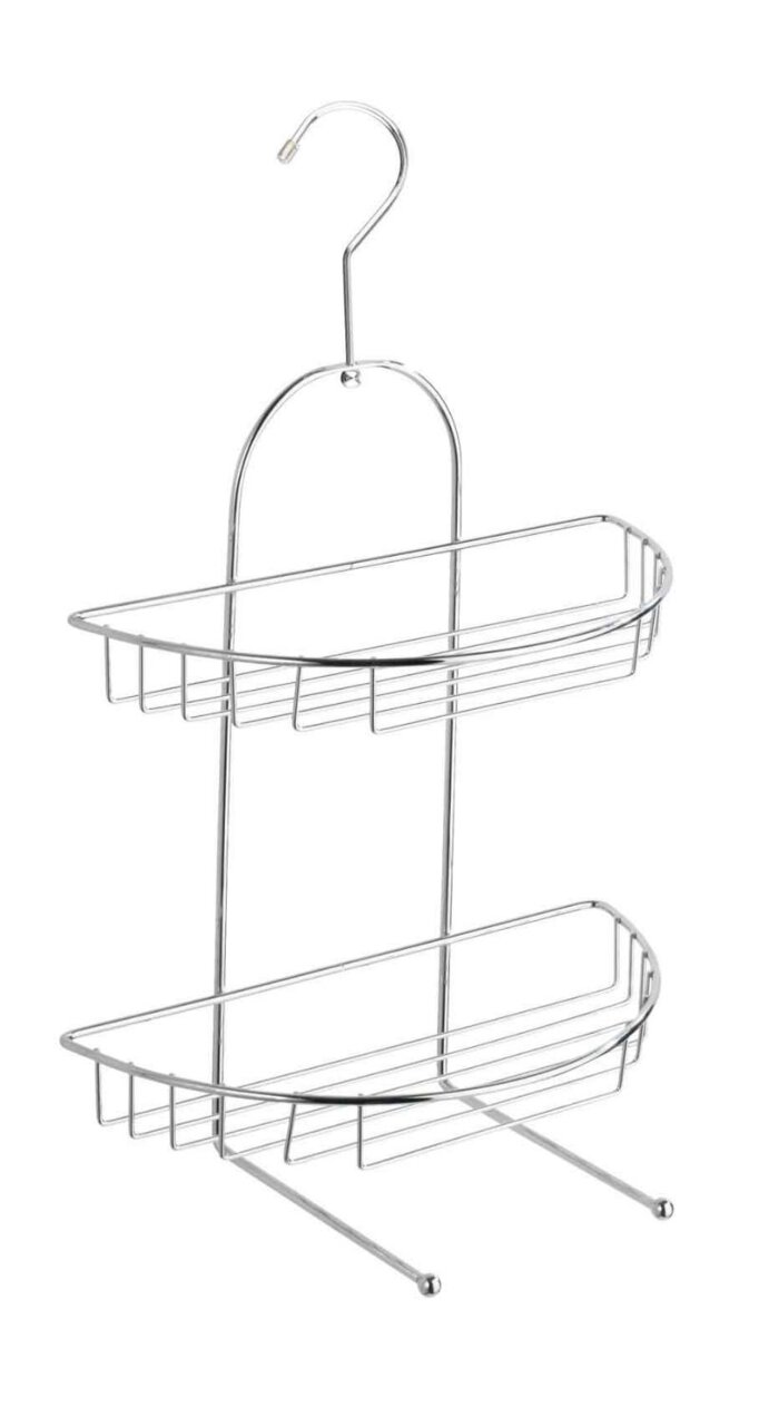 Zweistöckiges Drahtregal mit Haken, seitliche Perspektive