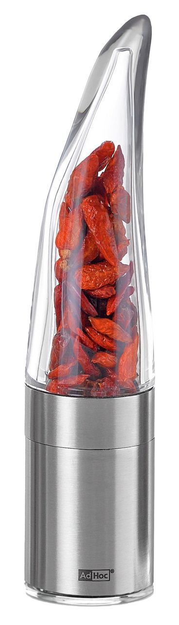 Chilischneider PEPE aus Edelstahl und Glas, gefüllt mit roten Chilischoten, seitliche Perspektive