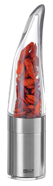 Chilischneider PEPE aus Edelstahl und Glas, gefüllt mit roten Chilischoten, seitliche Perspektive
