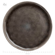 Runder, dunkelbraun-schwarz glasierter Keramik-Essteller mit gesprenkelter Oberfläche, Draufsicht von oben, Durchmesser ca. 27,5 cm (4er-Set).