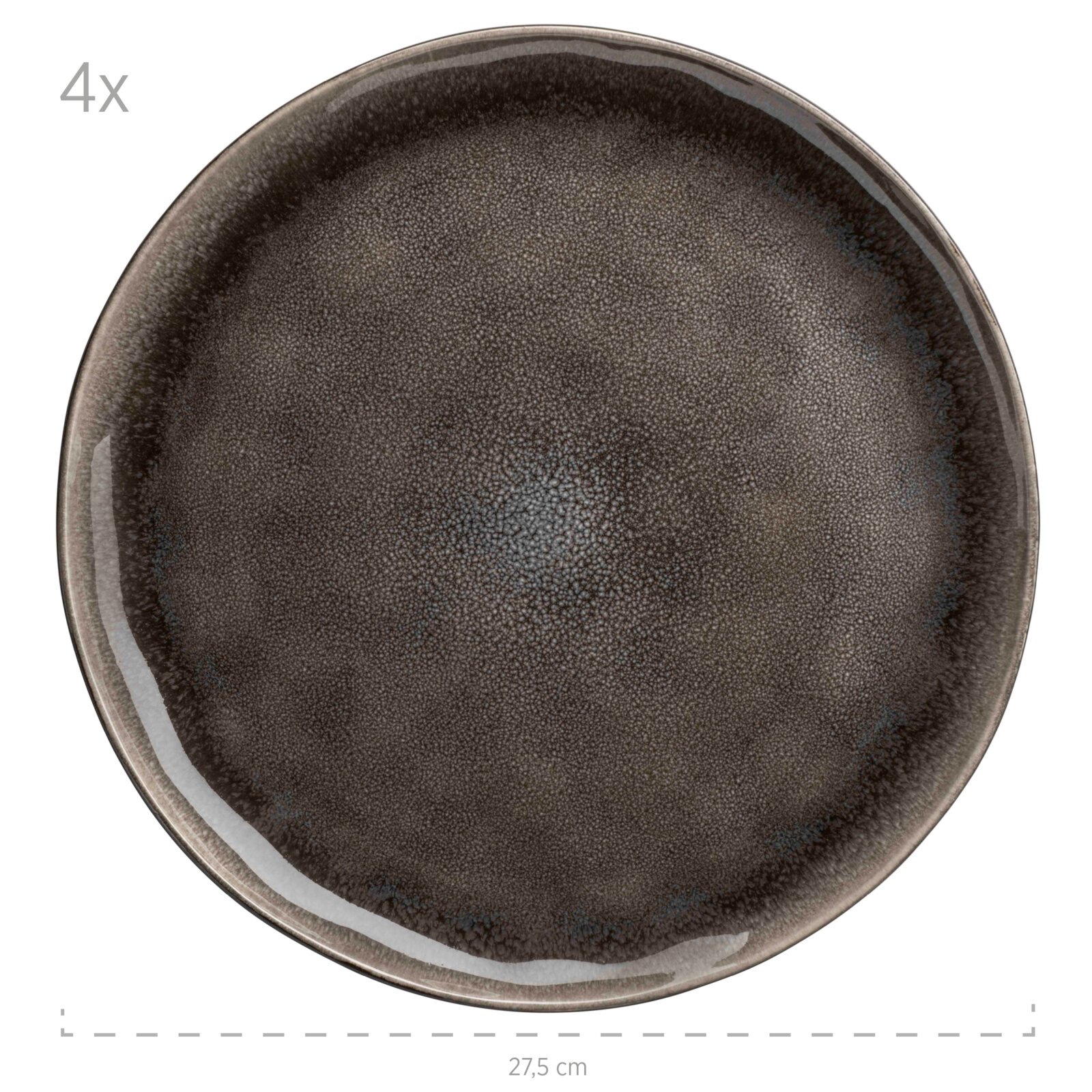 Runder, dunkelbraun-schwarz glasierter Keramik-Essteller mit gesprenkelter Oberfläche, Draufsicht von oben, Durchmesser ca. 27,5 cm (4er-Set).