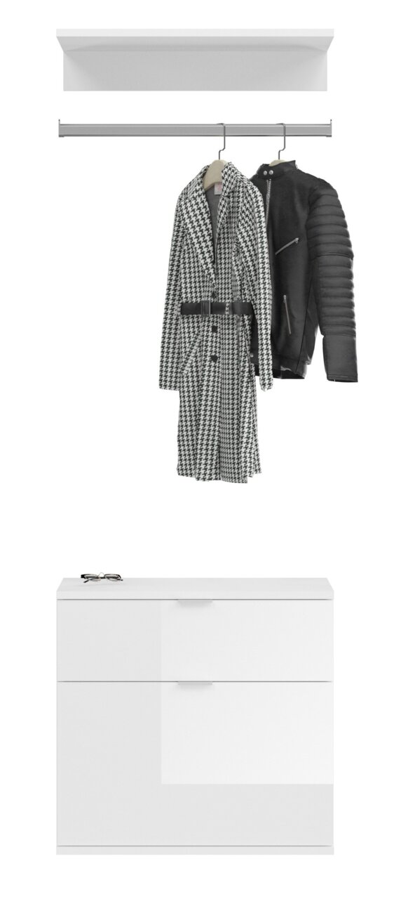 Frontale Ansicht einer modernen Garderobenkombination in Weiß mit Hängestange, auf der ein Mantel und eine Jacke hängen, sowie einem Schuhschrank darunter.