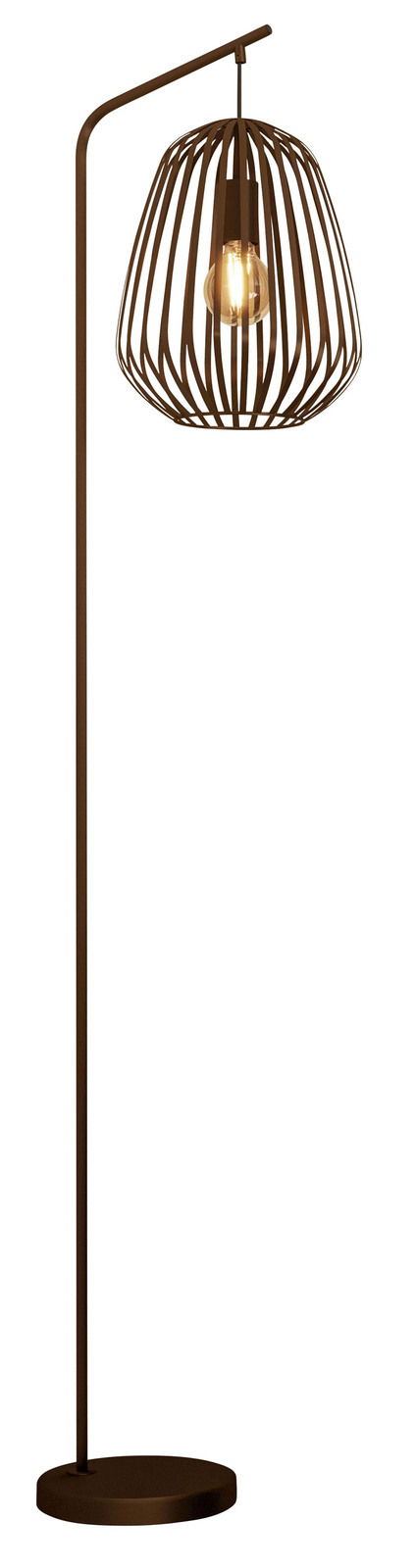 Moderne Stehleuchte ESPINAL mit braunem Metallgestell und offenem Lampenschirm, seitliche Perspektive