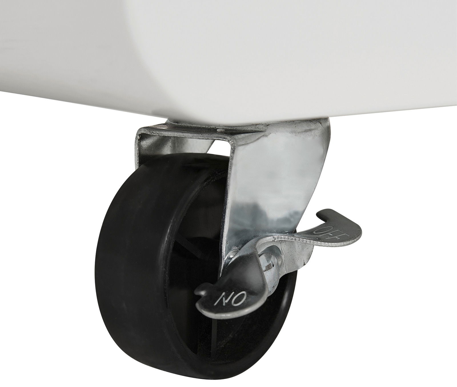 Nahaufnahme einer schwarzen Rolle mit Feststellbremse an einem TV-Lowboard.