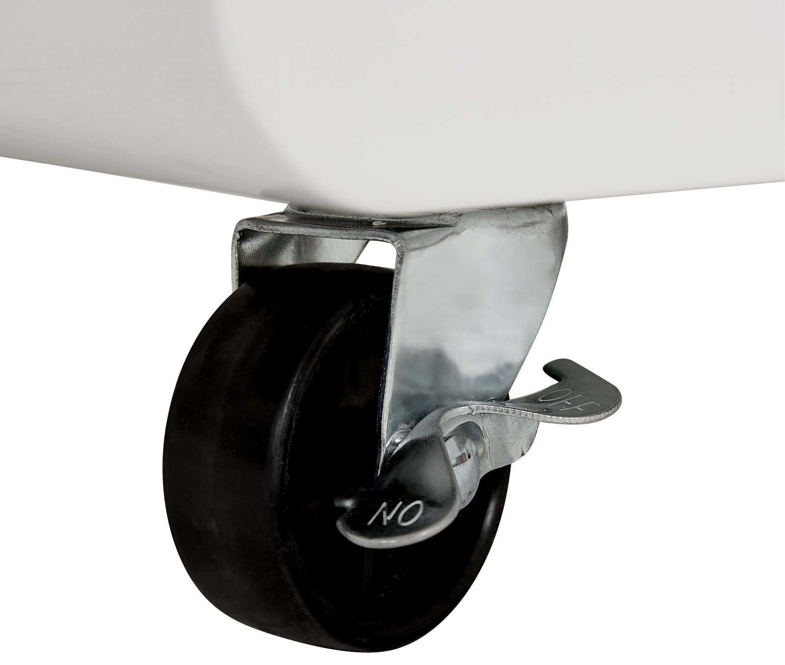 Nahaufnahme einer schwarzen Rolle mit Feststellbremse an einem TV-Lowboard.