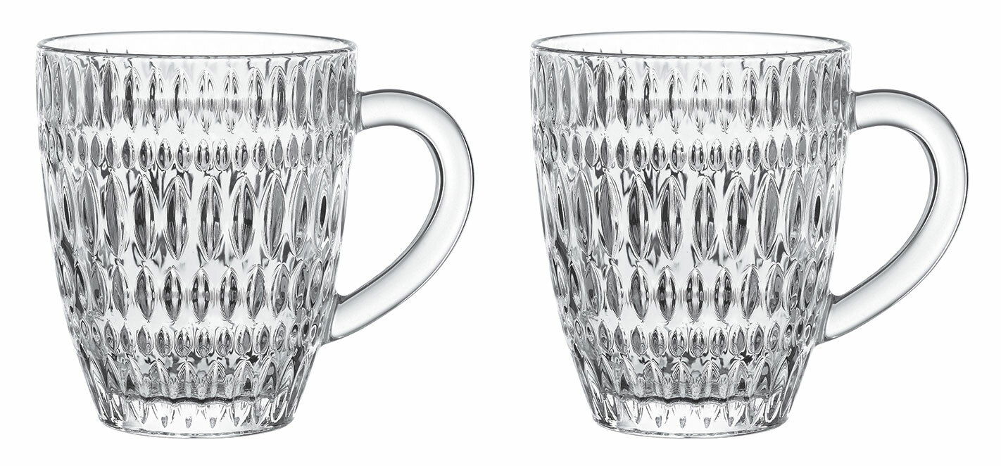 Zwei transparente Becher mit Ethno-Muster, seitliche Perspektive