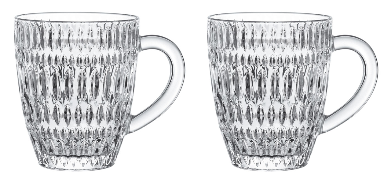 Zwei transparente Becher mit Ethno-Muster, seitliche Perspektive