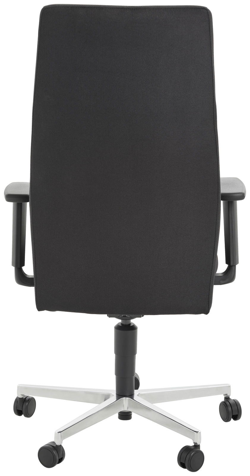 Rückansicht eines schwarzen Chefsessels mit hoher Rückenlehne und verstellbaren Armlehnen auf einem stabilen, verchromten Fußkreuz mit Rollen.