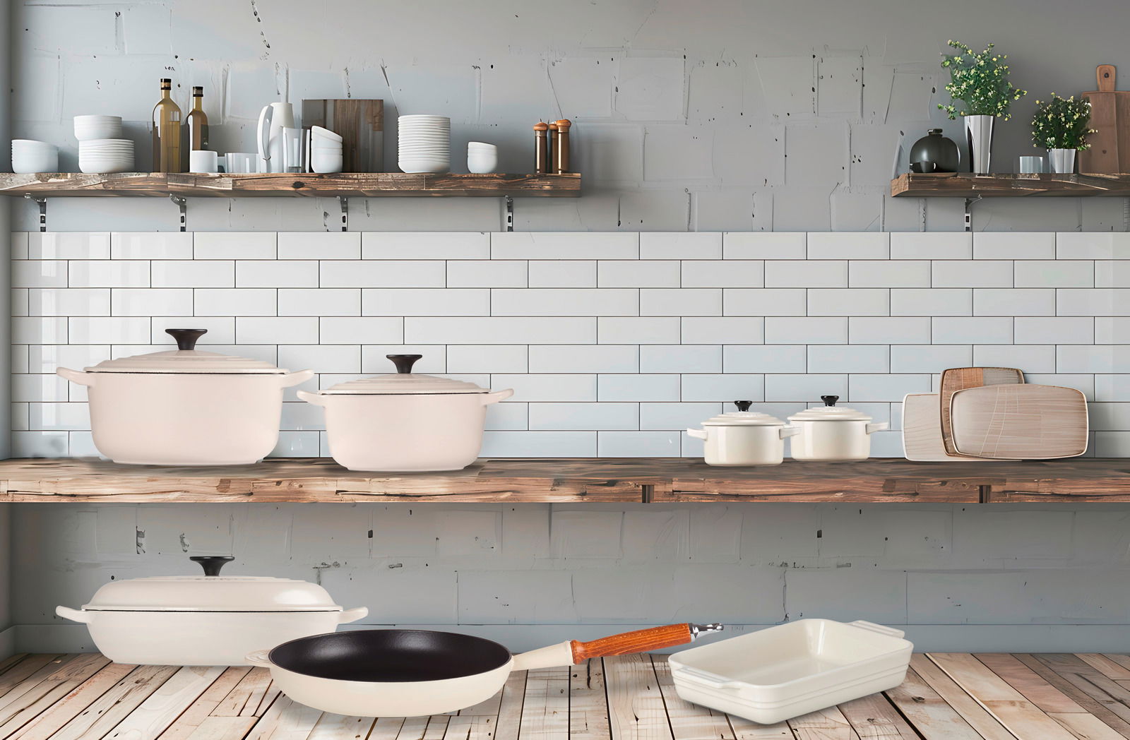 LE CREUSET Bräter 20cm Creme TRADITION Cremefarbener Bräter in einer modernen Küche, seitliche Perspektive