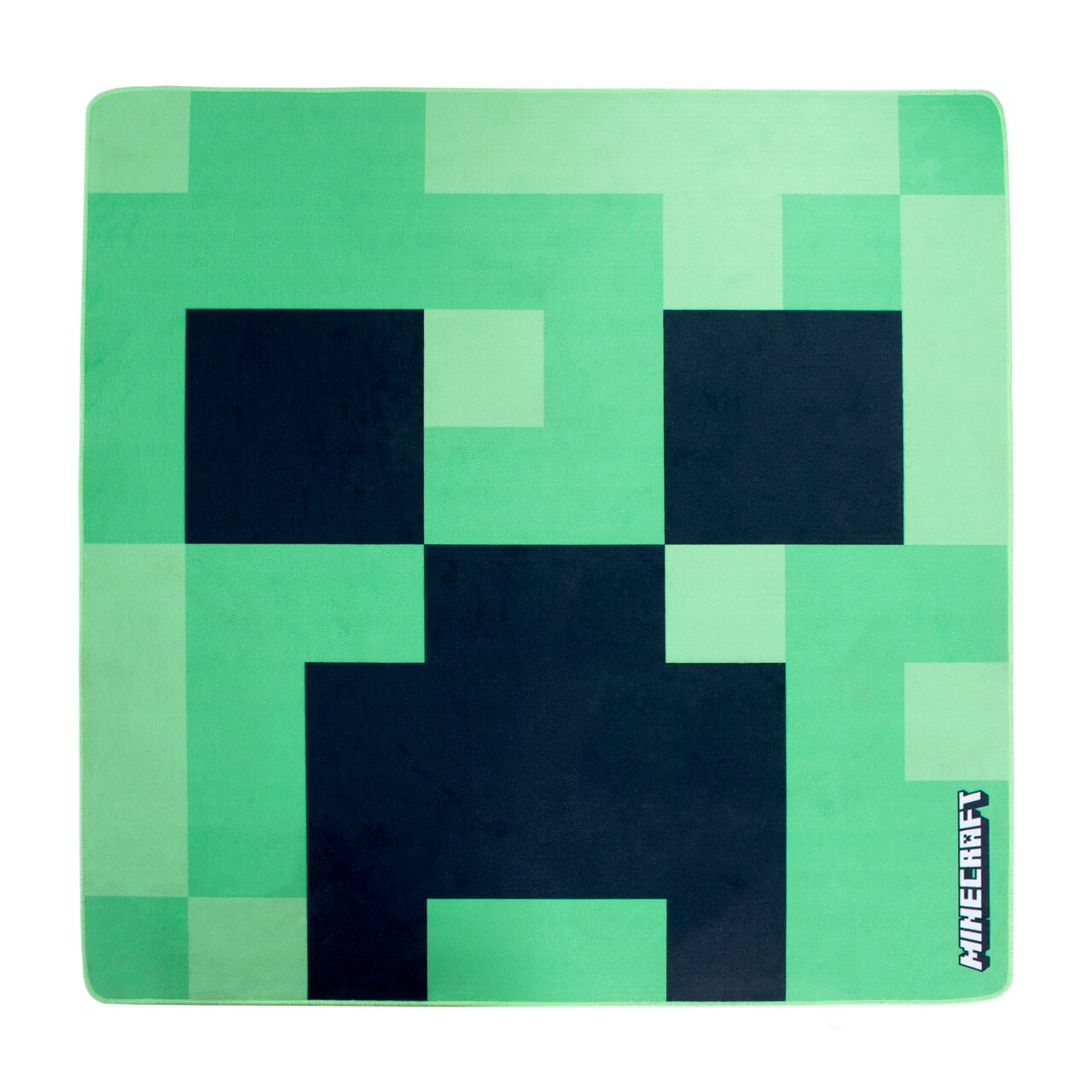 Vierkante Minecraft-muismat met een groen Creeper-gezicht in pixelstijl, gezien van bovenaf