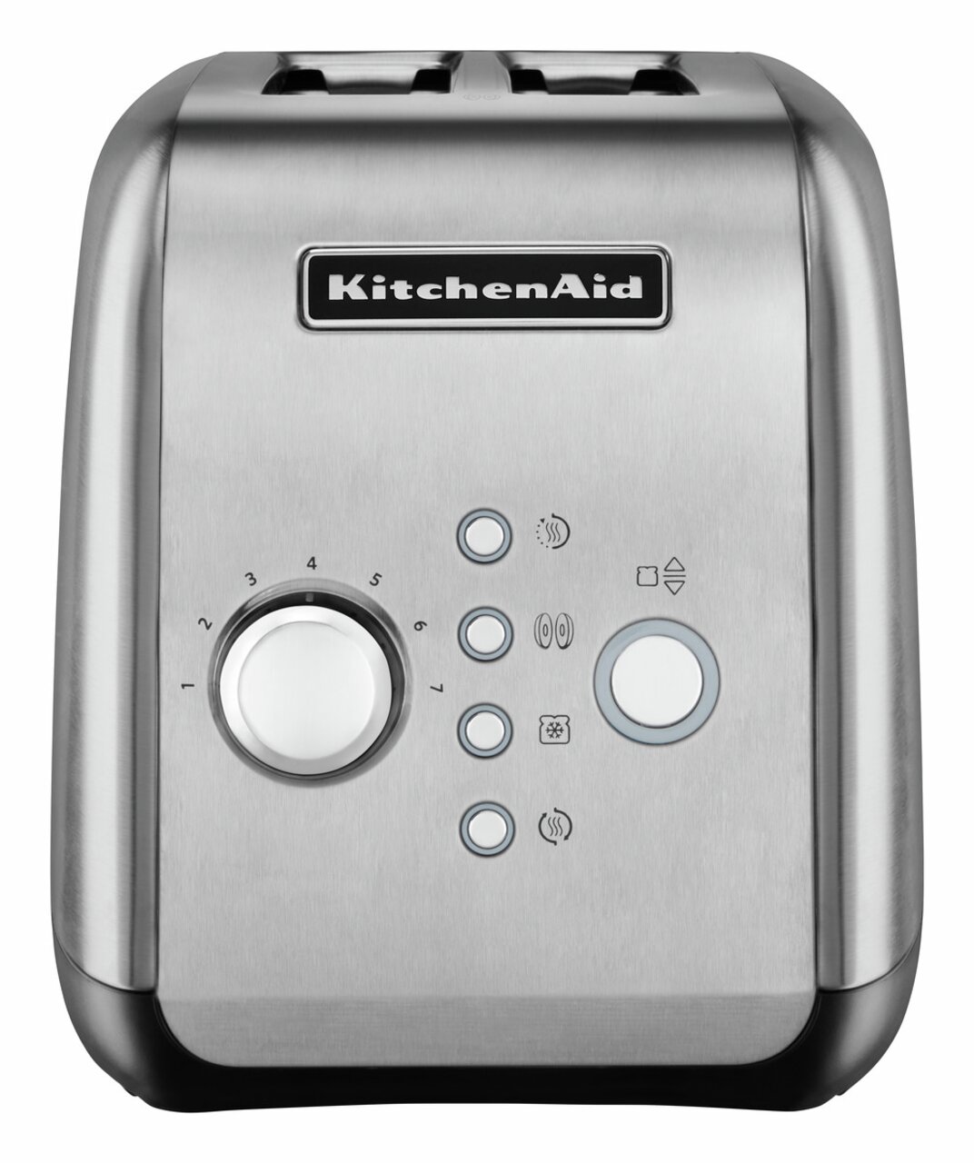 Frontansicht eines silbernen KitchenAid 2-Scheiben-Toasters mit mehreren Bedienelementen und einem Drehknopf zur Einstellung der Bräunungsstufe.
