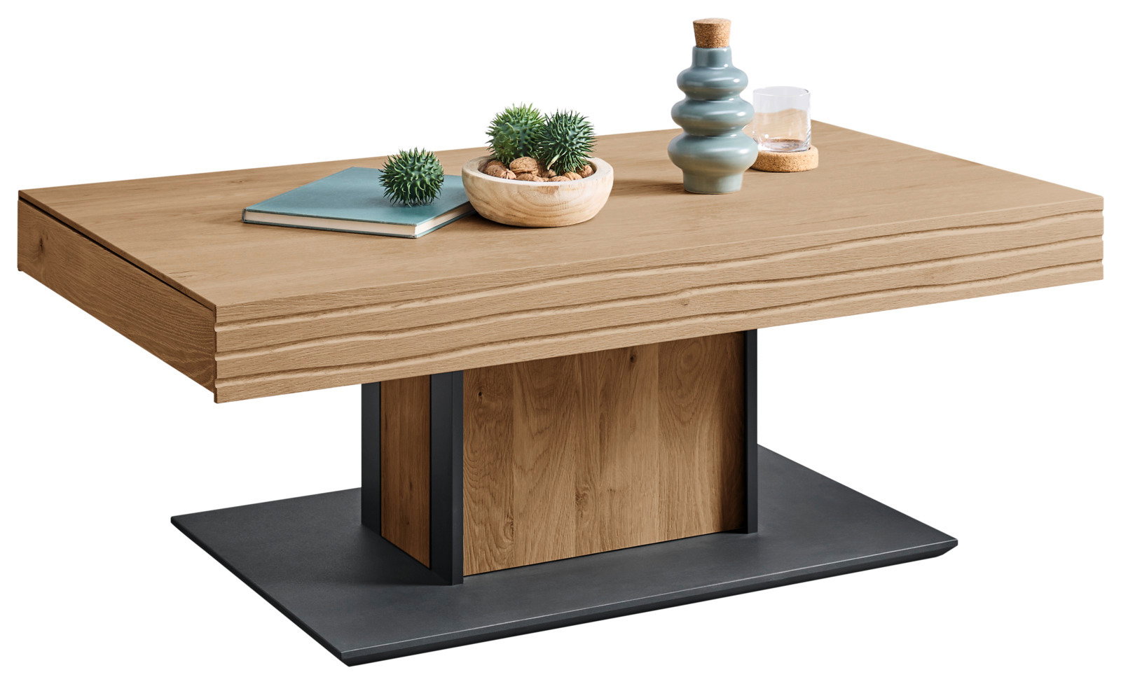 Moderner Couchtisch aus Holz mit Dekorationen, seitliche Perspektive