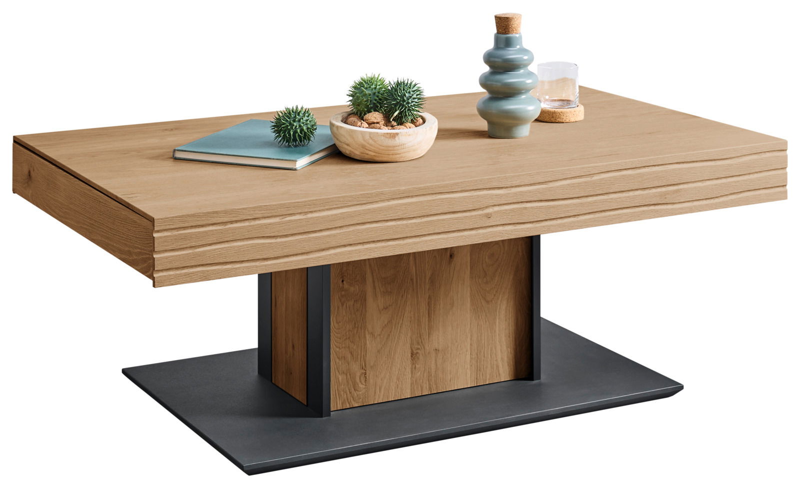 Moderner Couchtisch aus Holz mit Dekorationen, seitliche Perspektive