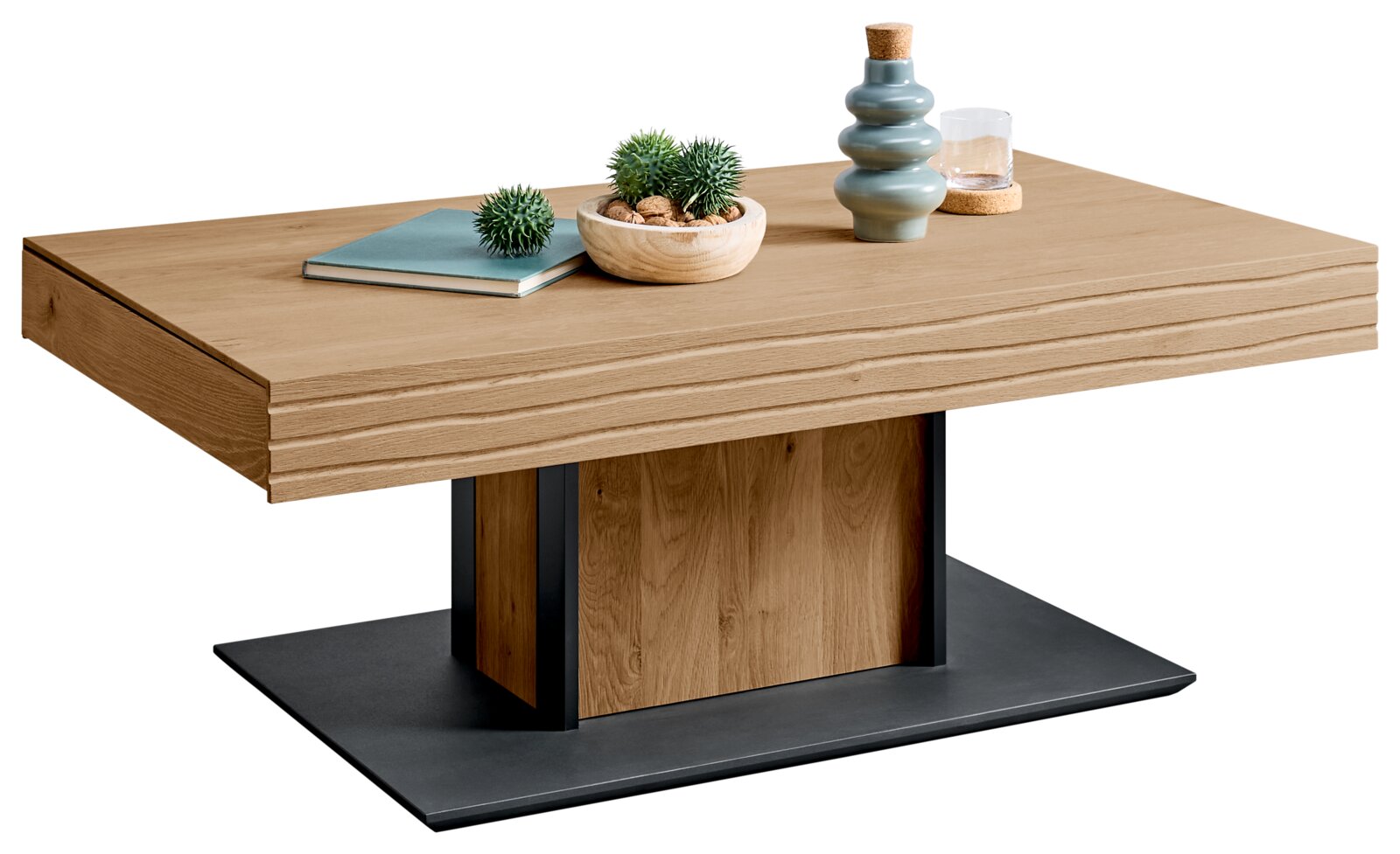 Moderner Couchtisch aus Holz mit Dekorationen, seitliche Perspektive