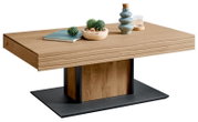 Moderner Couchtisch aus Holz mit Dekorationen, seitliche Perspektive