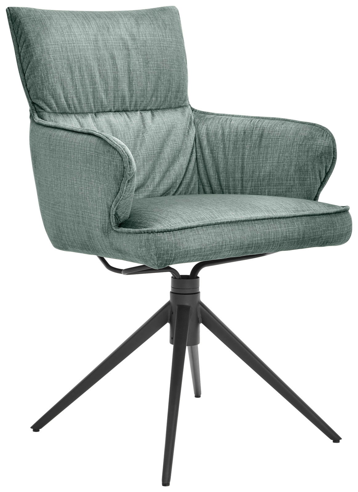 Dieter Knoll Armlehnstuhl AVELINO Grüner Armlehnstuhl mit gepolstertem Sitz und Rückenlehne, auf schwarzem Metallgestell mit vier Beinen, seitliche Perspektive